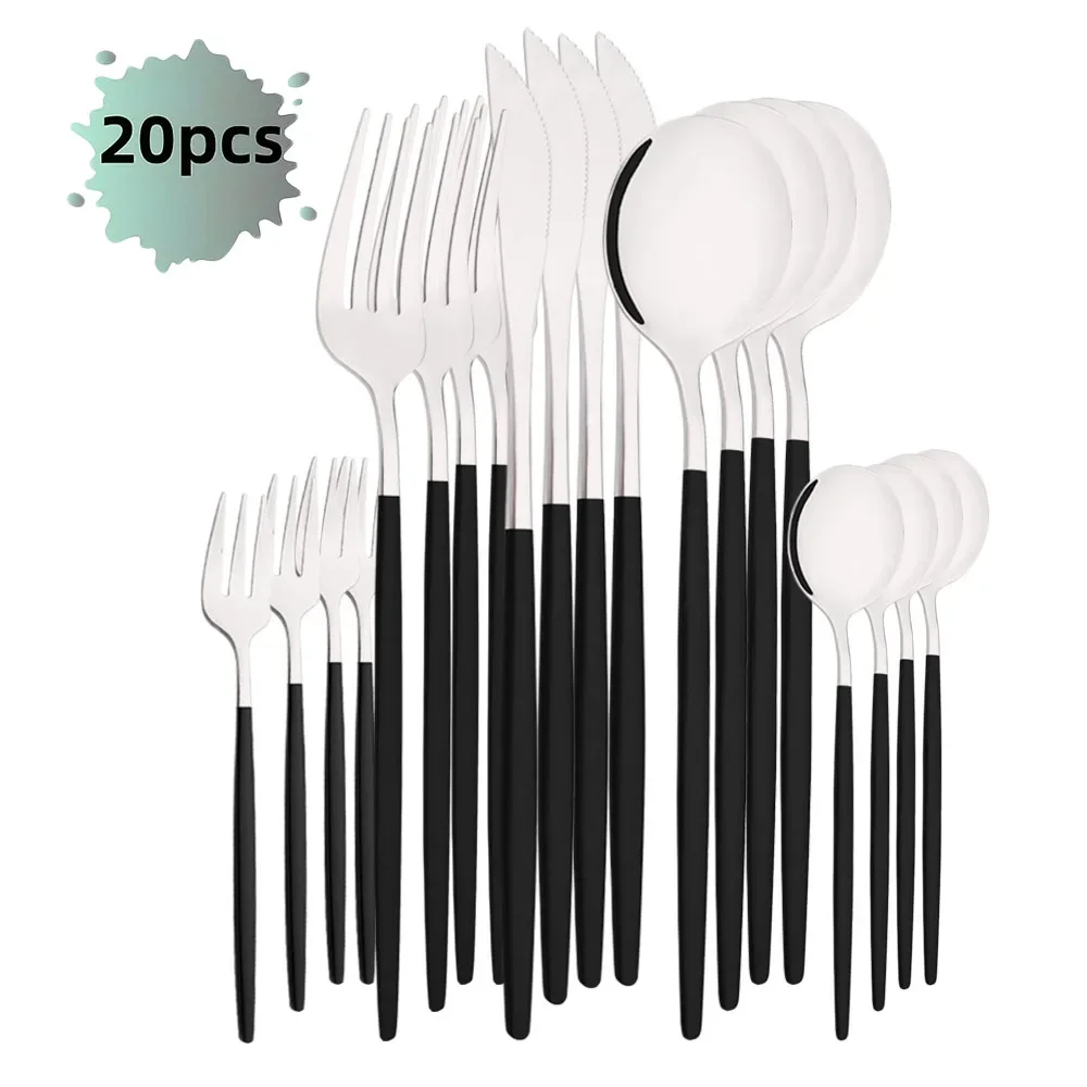 Talheres de Aço Inoxidável com Acabamento Polido Espelhado, Perfeitos para Casa, Restaurante e Casamento. MDUG (conjunto de 20 Peças, Preto e Prata)