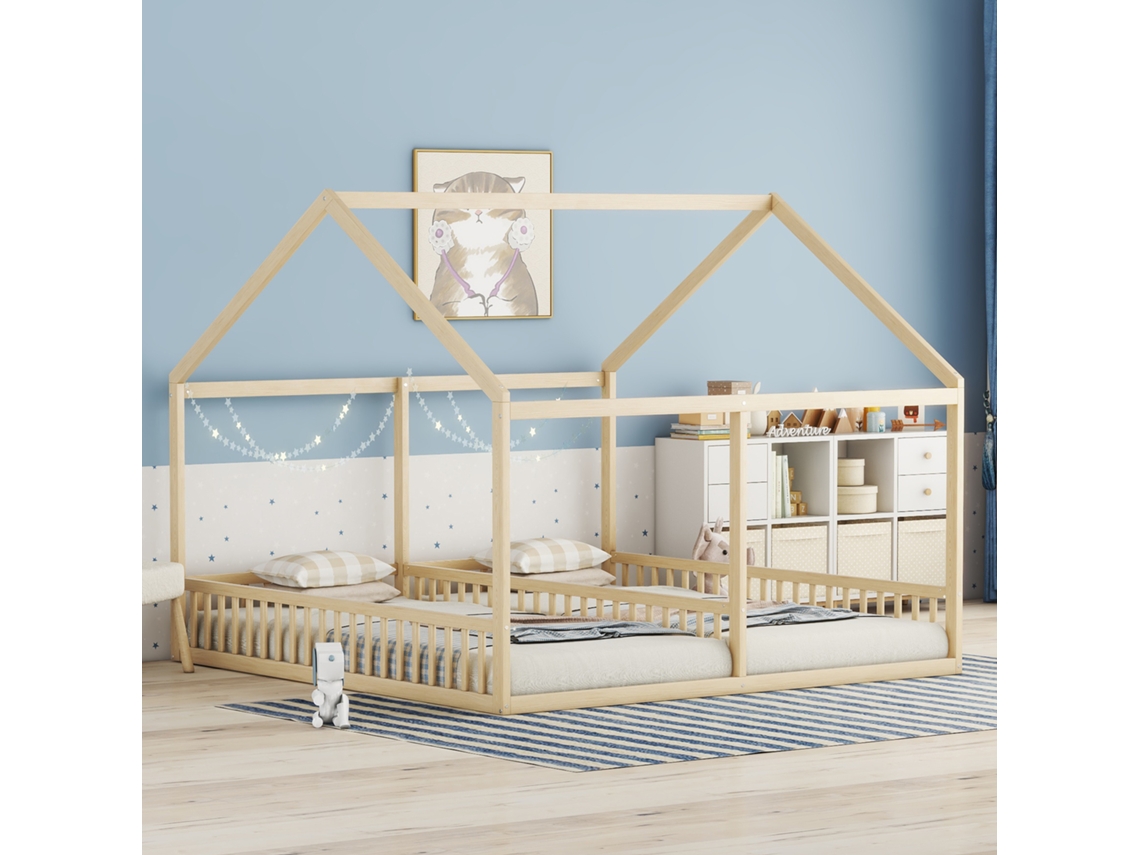 Cama Cabana Em Madeira De Pinho 2x90x200 Cm Com Teto E Estrado De Ripas Natural Estilo