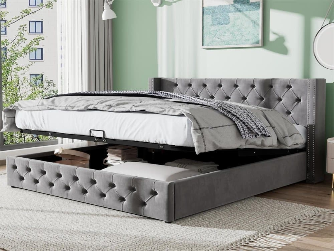 Cama Contentora De Veludo Com Estrado De Ripas 160x200 Cm - Cinzento