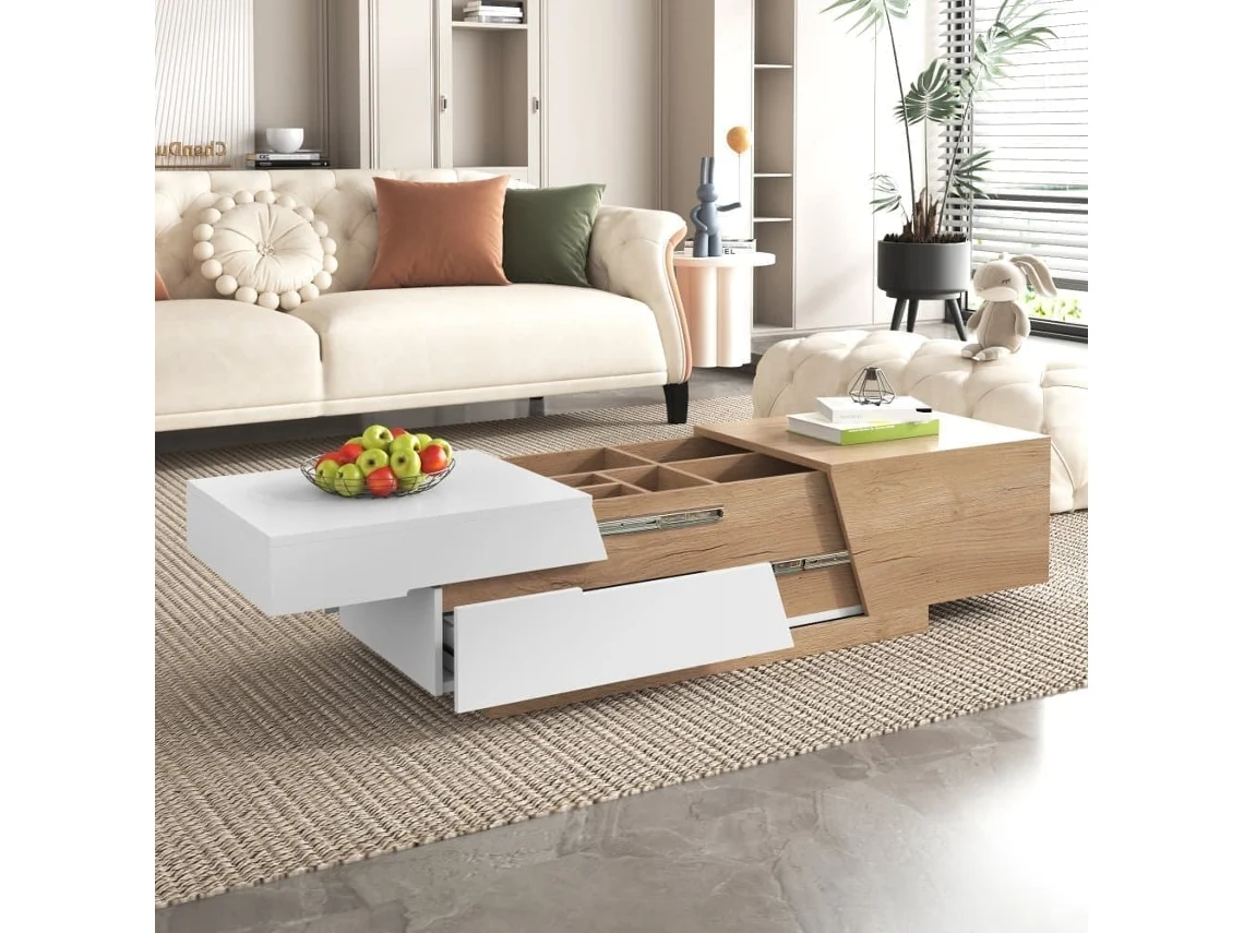 Mesa De Centro Extensível - Mesa De Sala Com Gavetas - Mesa Auxiliar Com Estrutura Em Blocos Coloridos - Natural, Branco