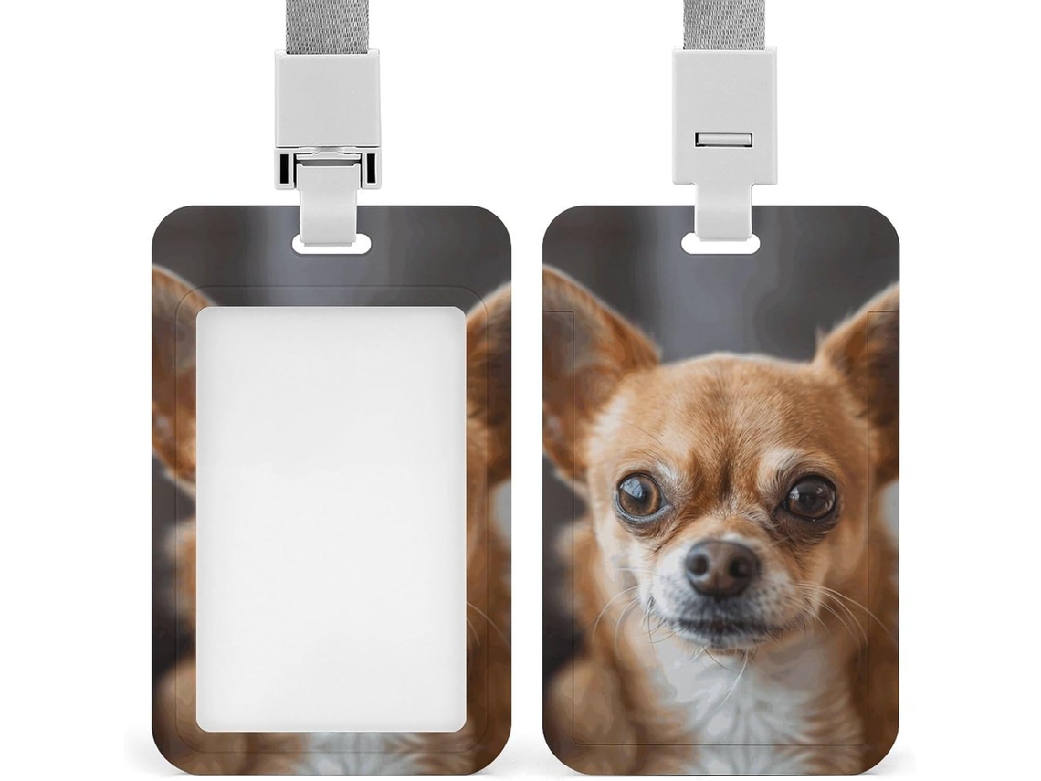Porta Crachá Vertical Marrom Com Estampa De Chihuahua, Com Cordão E Proteção Impermeável Cartões, Ideal