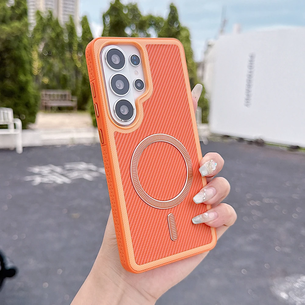 (orange S24ultra) Capa Protetora Rígida Magnética Magsafe De Fibra De Carbono De Alta Qualidade