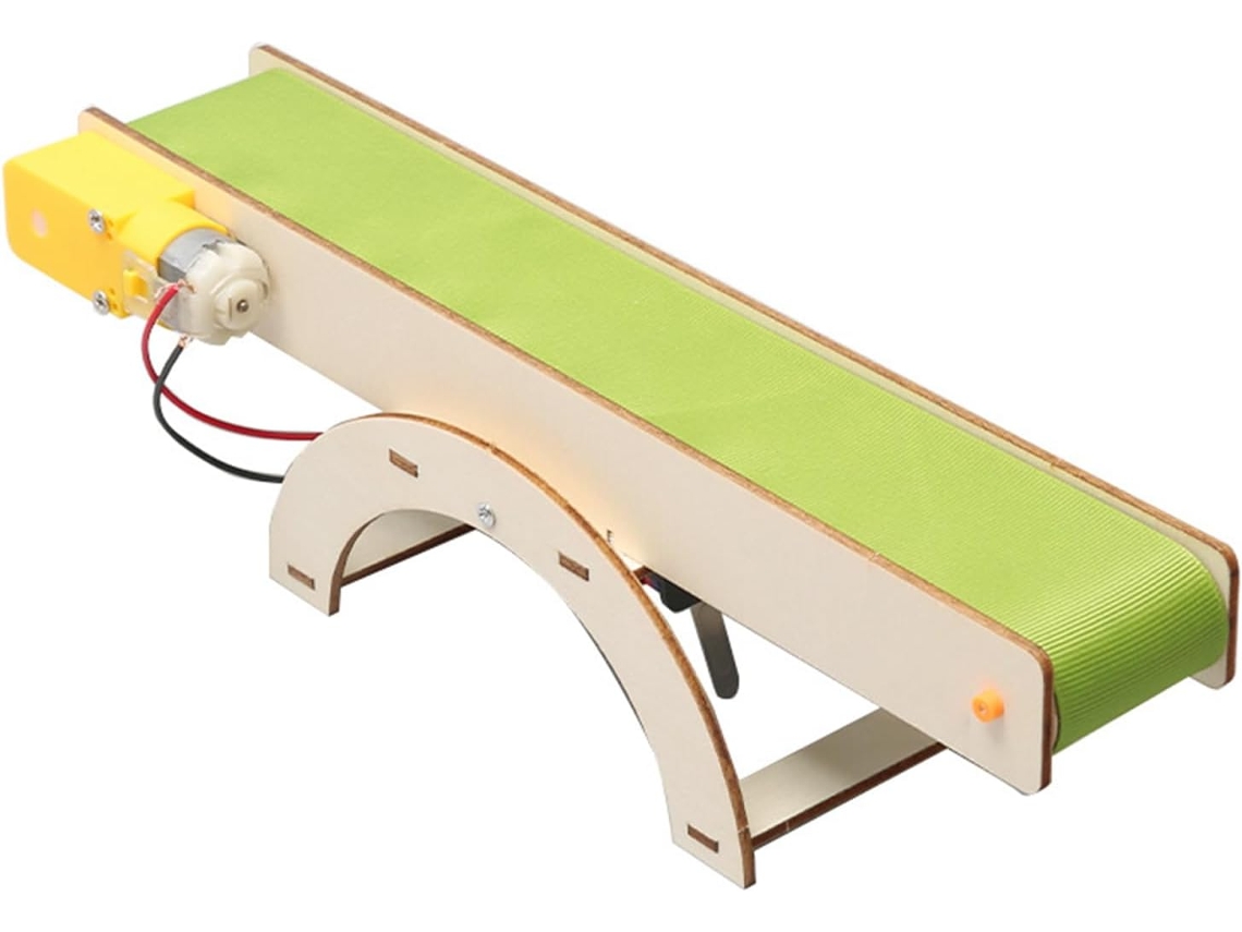 Tapete transportador de mesa para estudantes, projetado para experimentos automatizados de fricção em salas de aula.