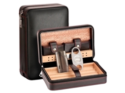 Humidor De Charutos Portátil, Construção Em Couro E Cedro, Inclui Cortador E Isqueiro, Com Cutter Lighter-c, Com Isqueiro Cortador-a