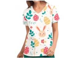 Blusas Médicas Com Estampa De Páscoa Para Mulher Com Manga Curta E Bolsos Tamanho S-3xl