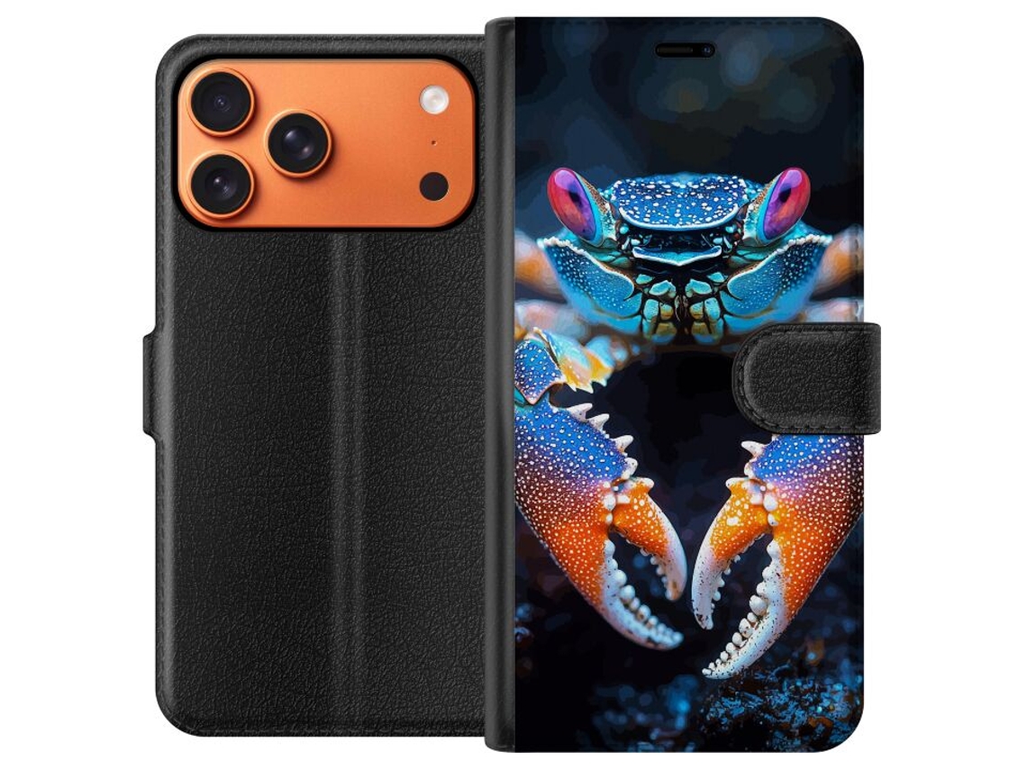 Capa Carteira Compatível Com Apple Iphone 17 Pro Max. Close-up De Um Caranguejo Em Tons De Azul E Laranja Com Garras Detalhadas E Foco Nítido.