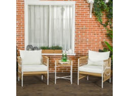 Mesa E 2 Cadeiras Para Jardim Em Vime Bege E Creme Com Almofadas Acolchoadas Para Varanda E Terraço Exterior