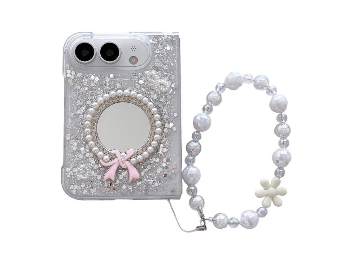 Capa Dobrável Com Efeito Espelhado E Glitter Para Iphone Duo, Laço Decorativo E Alça Em Corrente De Pérolas