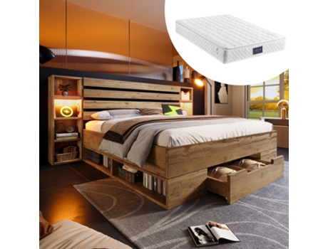 Cama Com Colchão De Casal E Cabeceira E Gavetas Led Armazenamento Usb-c Pangshiyaun Madeira De Carvalho Maciça Metal Castanho (90x218x232cm)