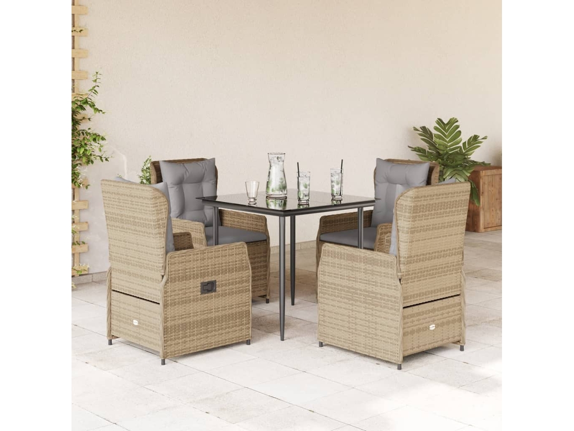 Vidaxl 5 Pcs Conjunto De Jantar P/ Jardim Com Almofadões Vime Pe Bege