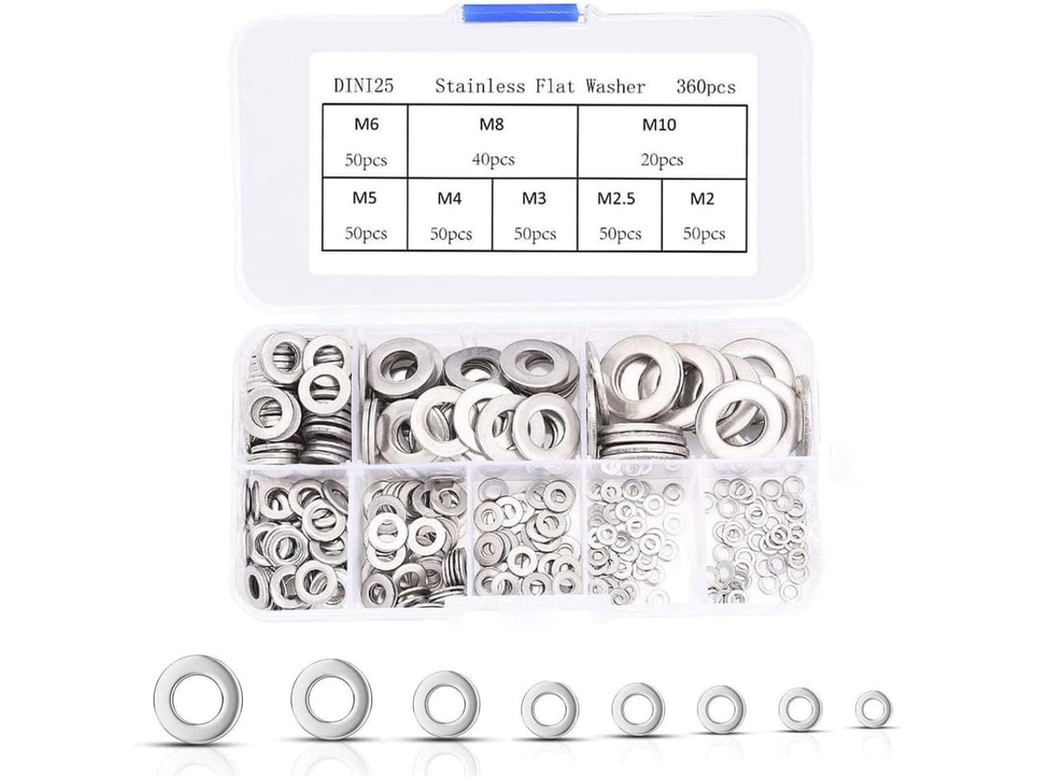 Kit De Arruelas Planas De Aço Inoxidável, 360 Peças, Tamanhos M2 M2.5 M3 M4 M5 M6 M8 M10 M12