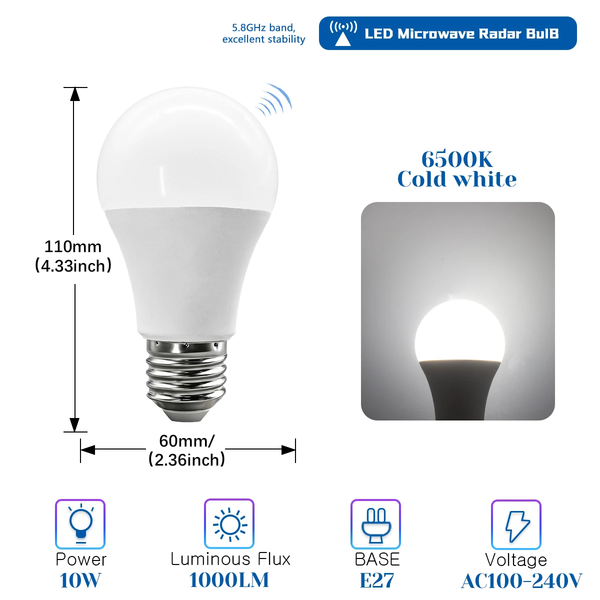 Duas Lâmpadas de Sensor de Radar E27, Interruptor Automático, 220v, Adequadas para Porões, Pátios, Etc. MDUG (6500k, 2 Unidades)