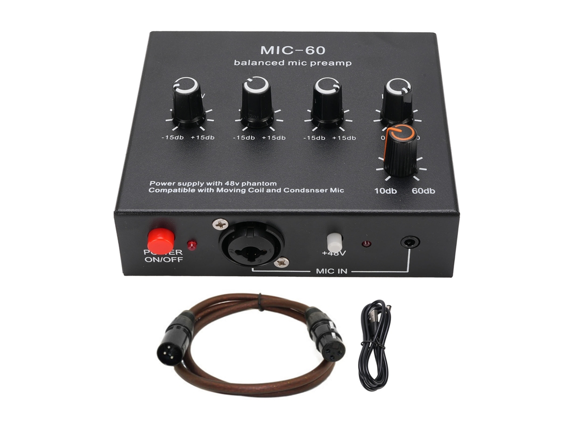 Pré-amplificador De Microfone Com Alimentação 48v Para Dinâmico E Condensador Xlr 3.5mm 6.35mm Com Cabo Xlr