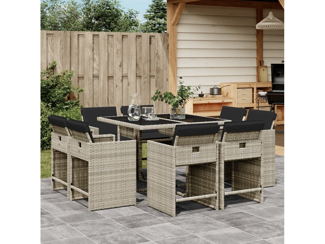 Vidaxl 9 Pcs Conjunto De Jantar P/ Jardim C/ Almofadões Cinzento Claro
