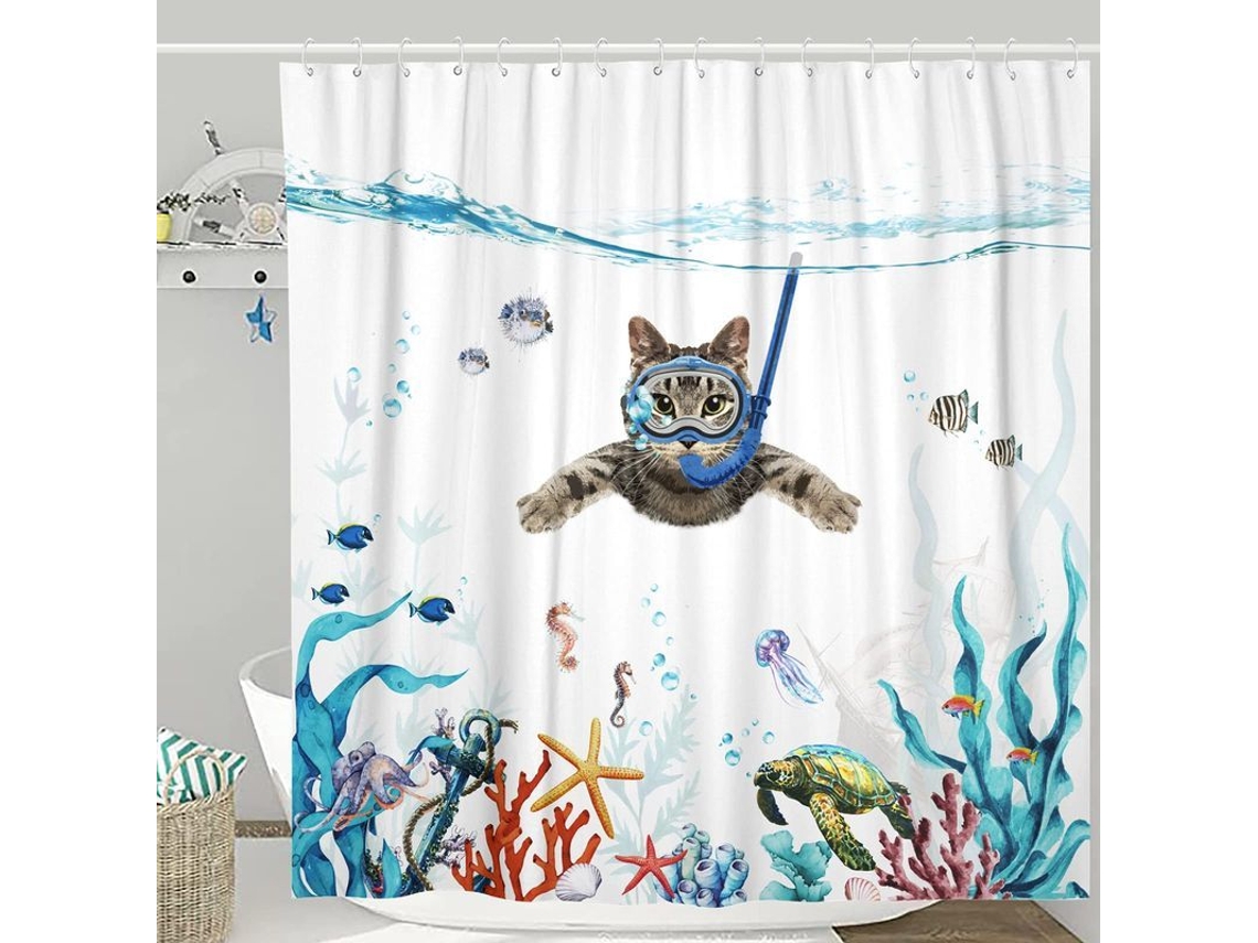 Cortina de Banho MARCA, Gato Divertido, 72x72 polegadas, impermeável, poliéster, com 12 ganchos