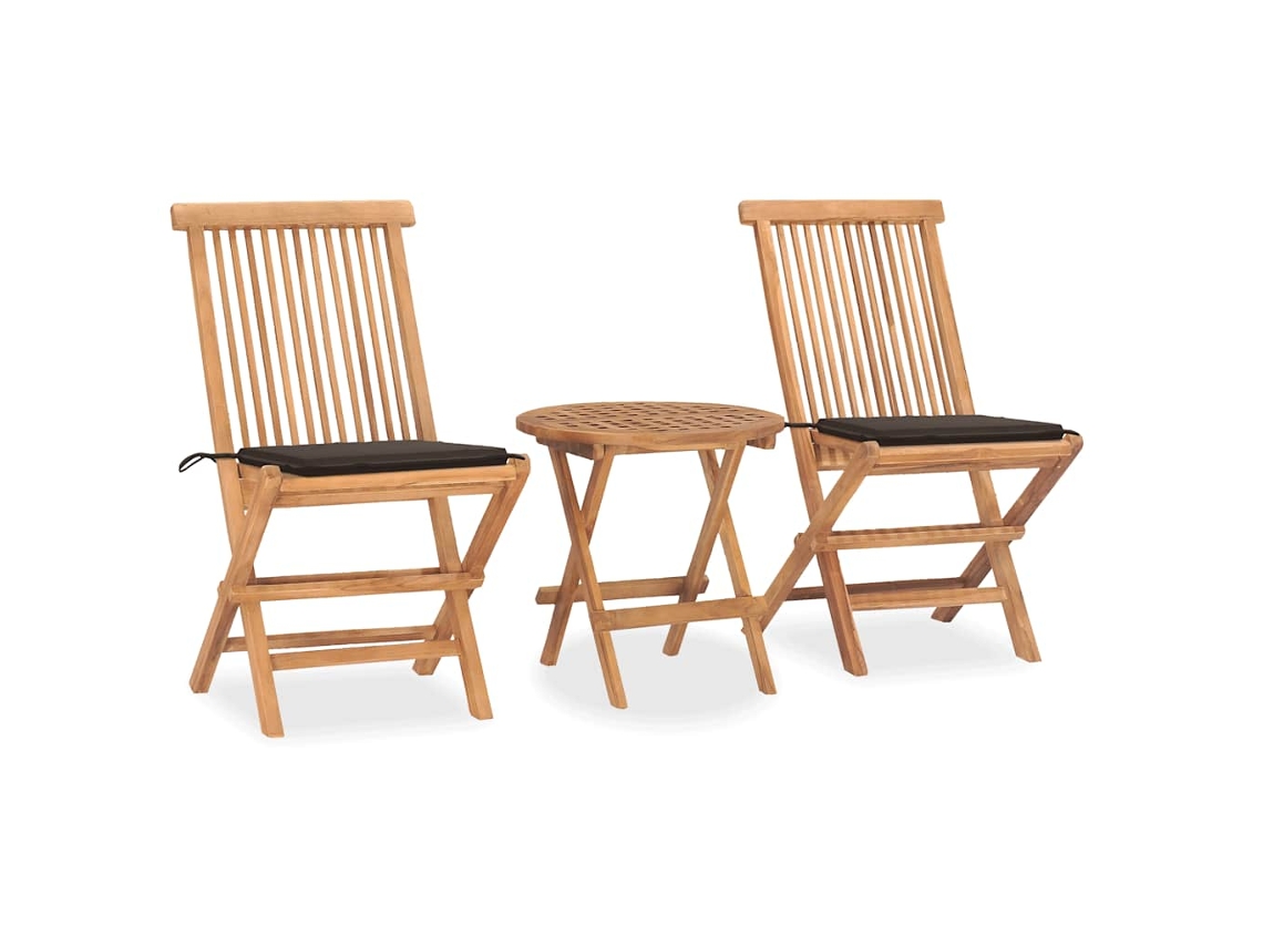 Vidaxl 3 Pcs Conj. Jantar Dobrável Exterior C/ Almofadão Teca Maciça