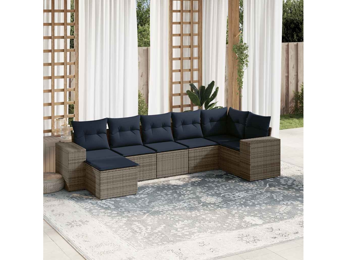Vidaxl Conjunto De Sofá De Jardim Com 7 Peças E Almofadas Em Rattan Sintético Cinza