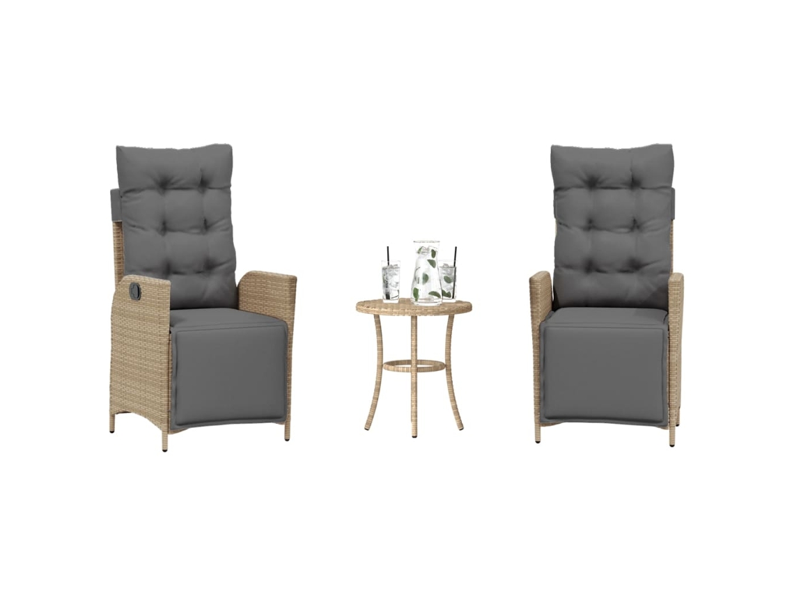 Vidaxl 3 Pcs Conjunto Bistrô Com Almofadões Vime Pe Bege Misturado