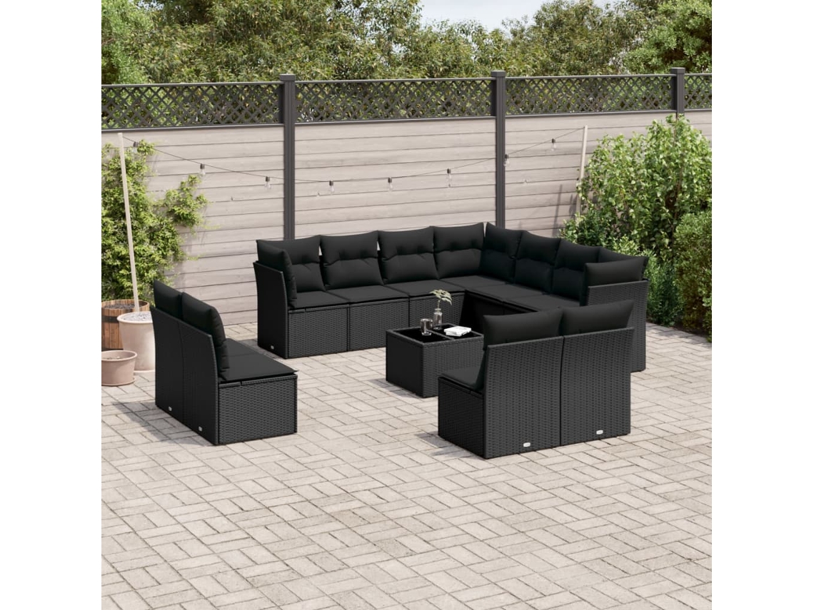 Conjunto de Sofá de Jardim 12 Peças C/ Almofadões Vime Pe Preto Dkd Home Decor