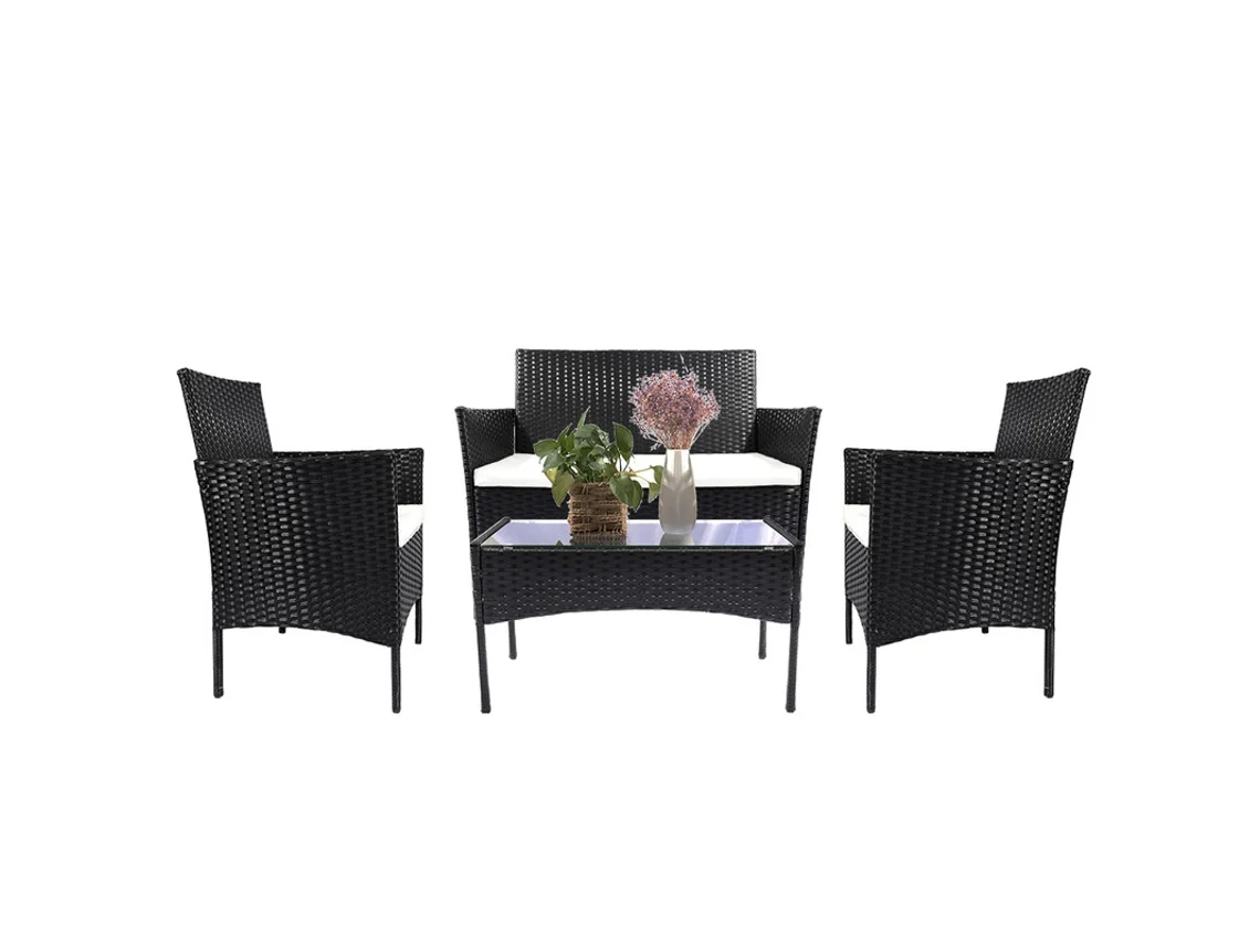 Conjunto De Mobiliário De Jardim Em Vime Racingreat Preto (2 Poltronas 1 Sofá De Assento Duplo 1 Mesa)
