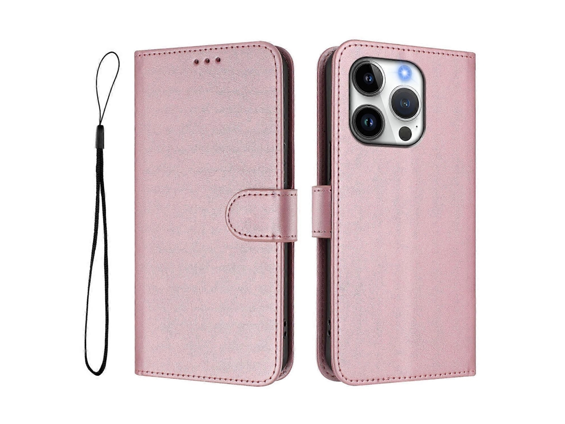 Capa Tipo Carteira Para Iphone 16 Pro Com Bloqueio Rfid E Textura De Couro De Bezerro, Com Alça, Rosa