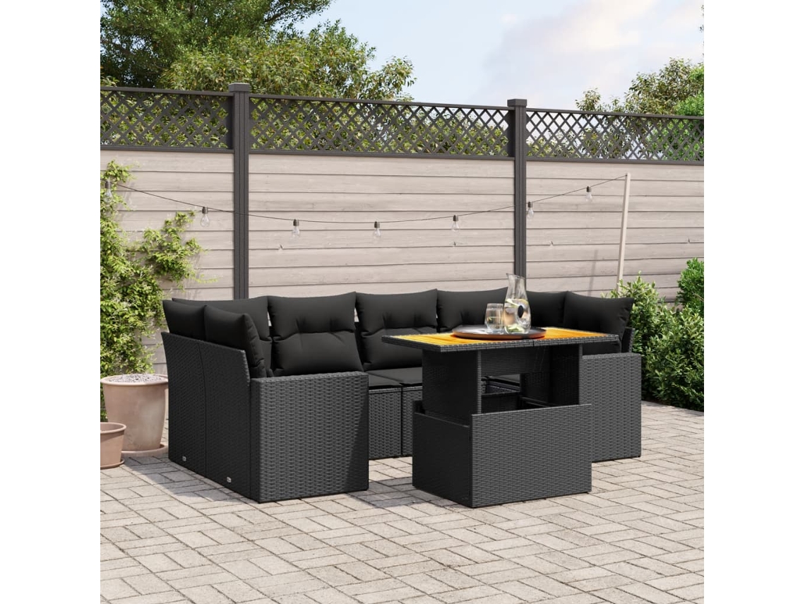 Vidaxl 7 Pcs Conjunto De Sofás P/ Jardim C/ Almofadões Vime Pe Preto