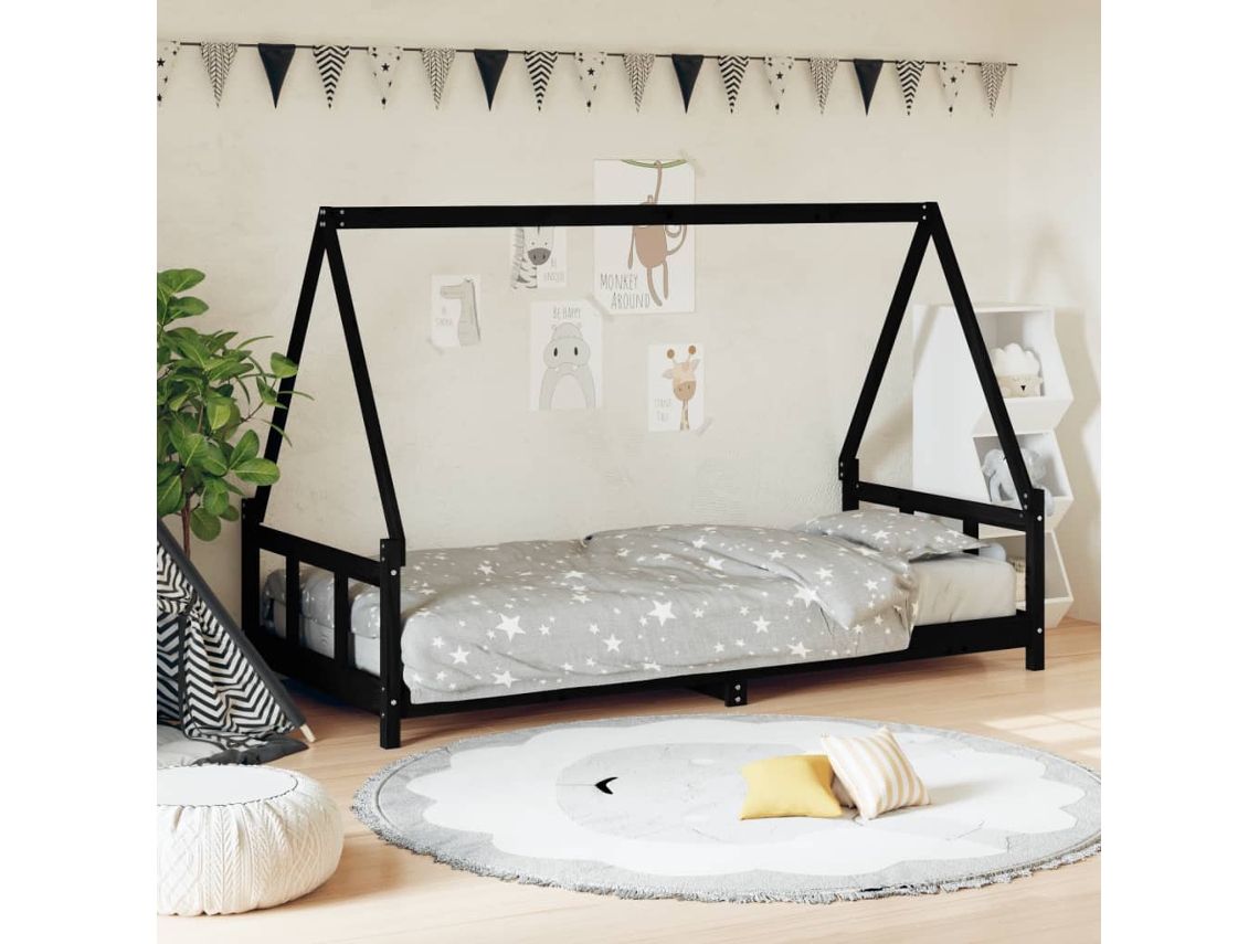Vidaxl Estrutura De Cama Infantil 90x190 Cm Pinho Maciço Preto