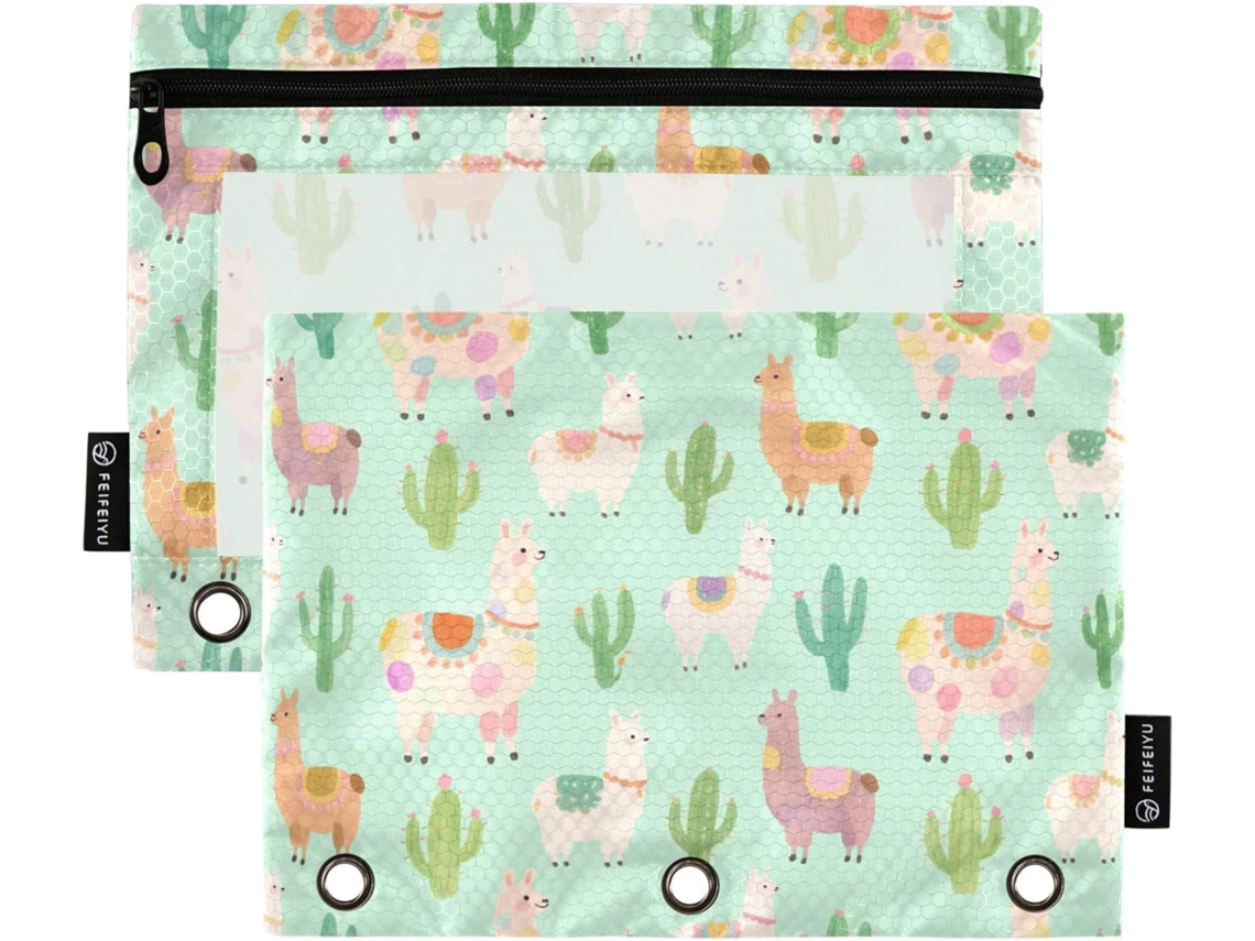 Kit Organizador De Desenho Animado Alpaca Verde Com Estojo Transparente Em Várias Cores, 3-argolas Com Fecho Escola