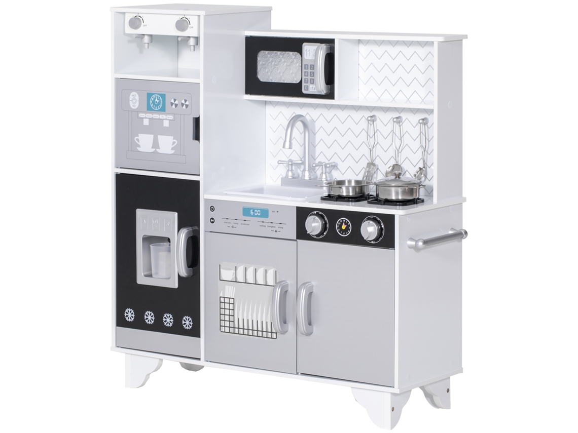 Cozinha de Madeira com Som Acessórios em Aço Inoxidável Micro ondas, Máquina de Gelo Cafeteira, Máquina de Lavar Loiça 79,5x24x83,8 Cm Branco LAMAISON