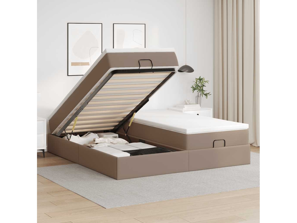 Vidaxl Estrutura De Cama Otomana Com Colchões Cappucino Pele Sintética