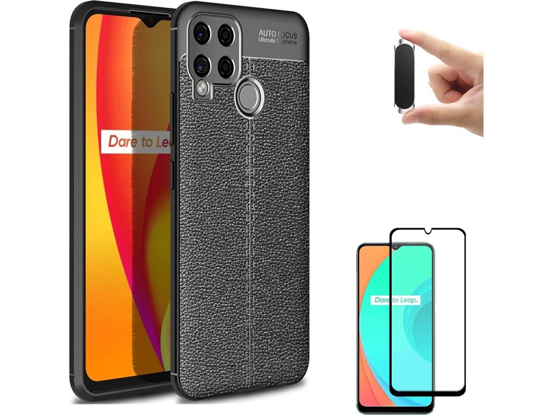 Kit Capa, Película e Suporte Magnético Realme C15 Rugged Leather Cinzento