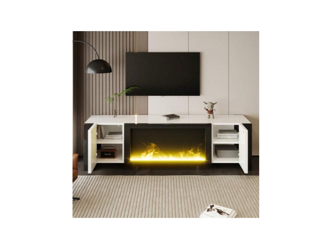 Móvel de TV baixo com efeito de chama e lareira elétrica, sem função de aquecimento, alto brilho, cor coordenada. Liptaptyn