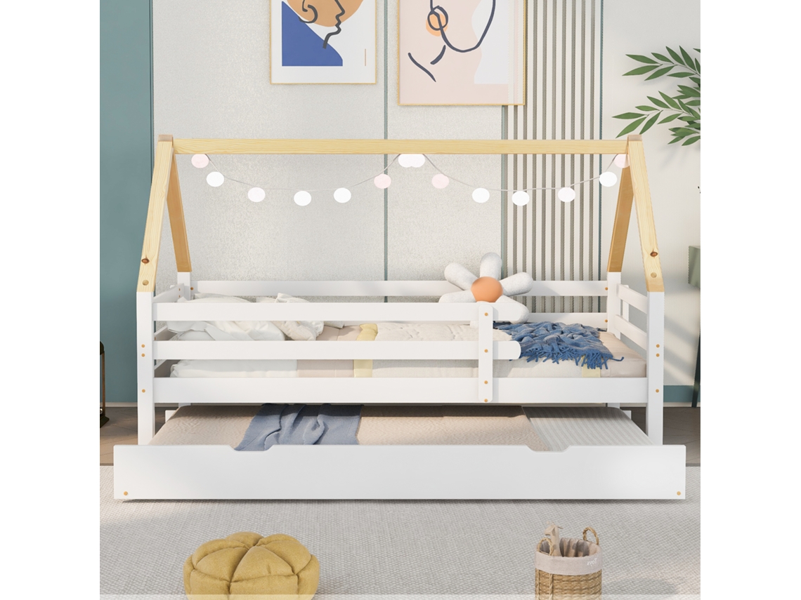 Cama Infantil Casinha 90×200/90×190 Cm, Cama Solteiro Multifuncional, Cama Extensível Com Rodízios, Madeira Maciça, Branca, Telhado Natural Bga Store