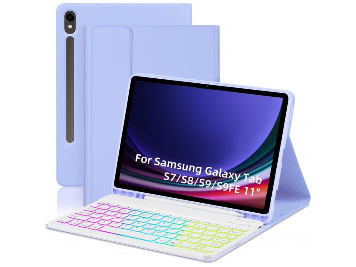 Lurelia Capa Com Teclado Bluetooth Para Samsung Tab S9fe 11 Retroiluminação Colorida, Layout Pt, Roxo E Branco