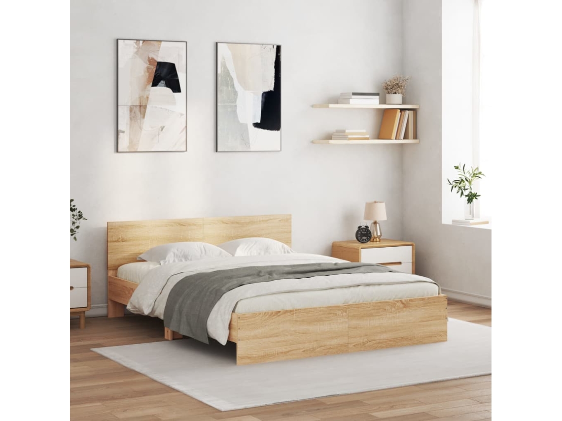 Estrutura Cama C/ Cabeceira/luzes Led 150x200cm Carvalho Sonoma