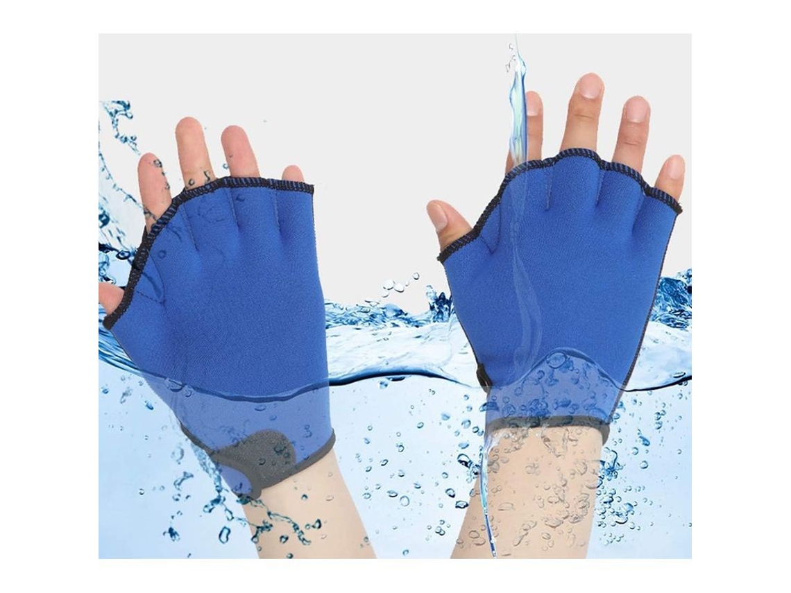 Luvas aquáticas para adultos com dedos curtos e alça ajustável para mergulho e natação, azuis.