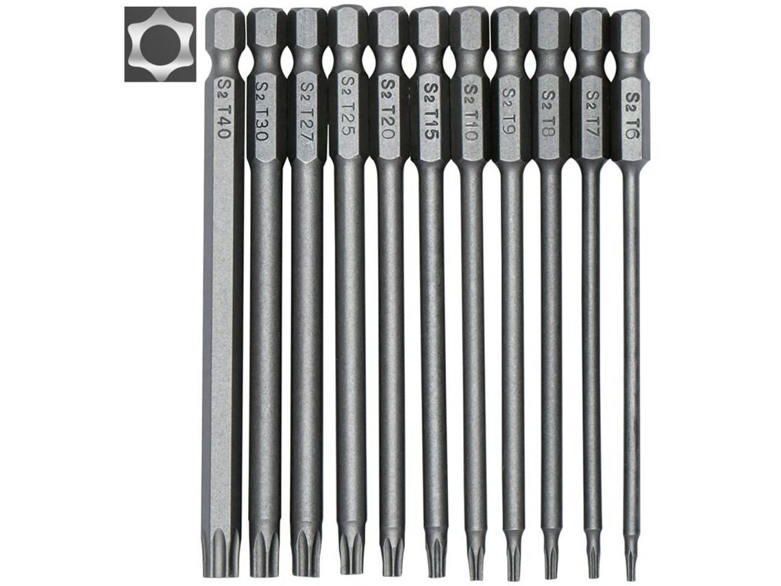 Conjunto De 11 Pontas Torx Longas Para Chaves Fenda E Furadeiras - Magnéticas Encaixe Hexagonal 1/4" Tamanhos T6 A T40 Compriment -aquaforge