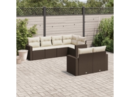 Conjunto de Sofás 7 Peças Jardim C/ Almofadões Vime Pe Castanho Dkd Home Decor