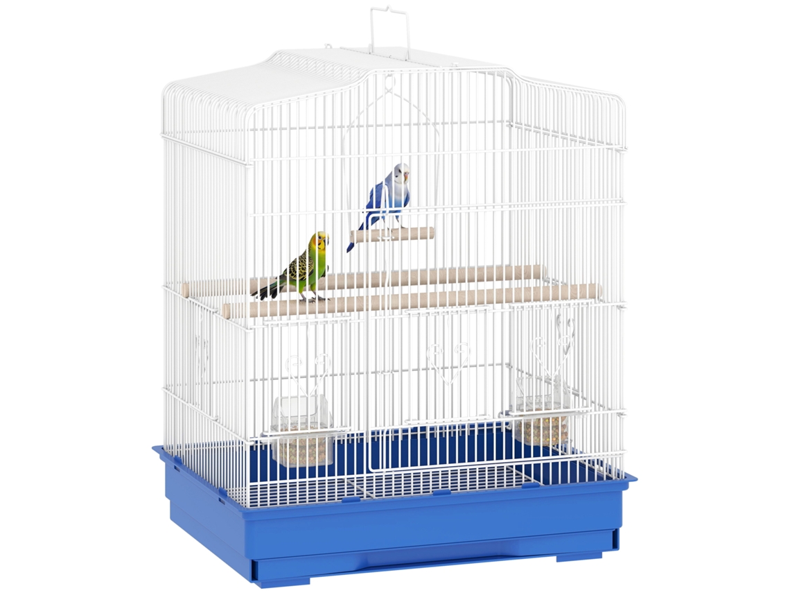 Gaiola de Pássaros, Aviário de Aço com 2 Comedouros, 2 Poleiros de Balanço e Alça Removível para Bandejas 46,5x36x59 Cm Azul Ge