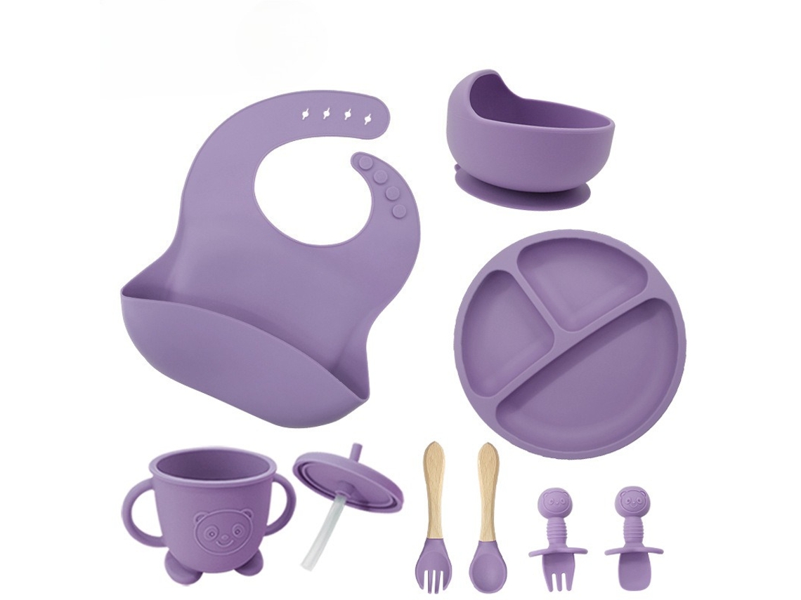 Conjunto de Utensílios em Silicone para Alimentação Infantil, com Ventosas na Base, 8 Peças Roxo PANOONA