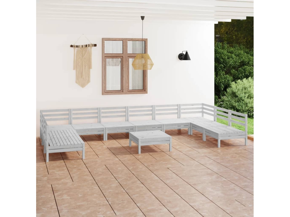11 Pcs Conjunto Lounge De Jardim Madeira De Pinho Maciça Branco Dkd Home Decor