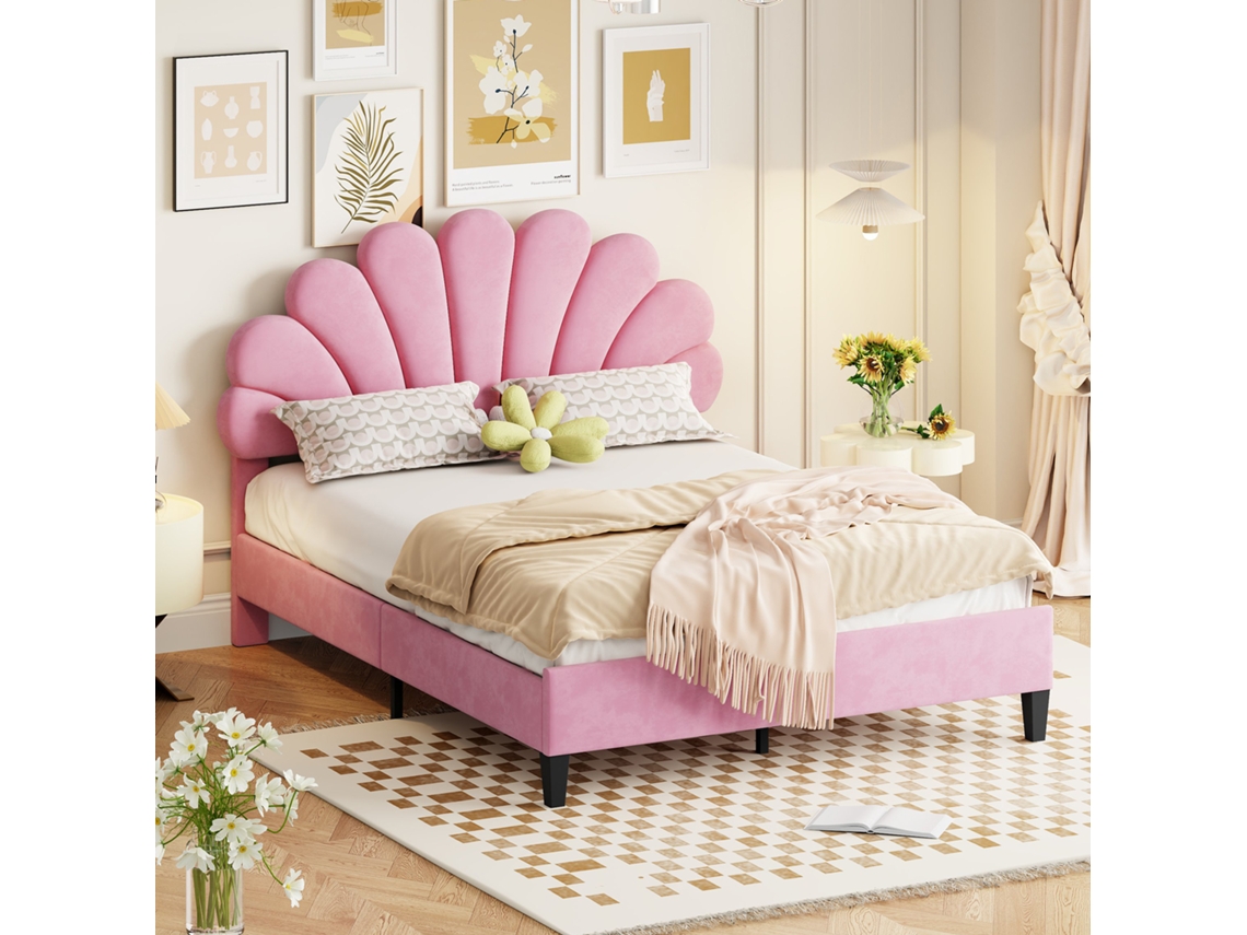 Cama de Casal 140x200 cm com cabeceira floral em veludo rosa, estrado de ripas, para adulto ou adolescente VSOGA