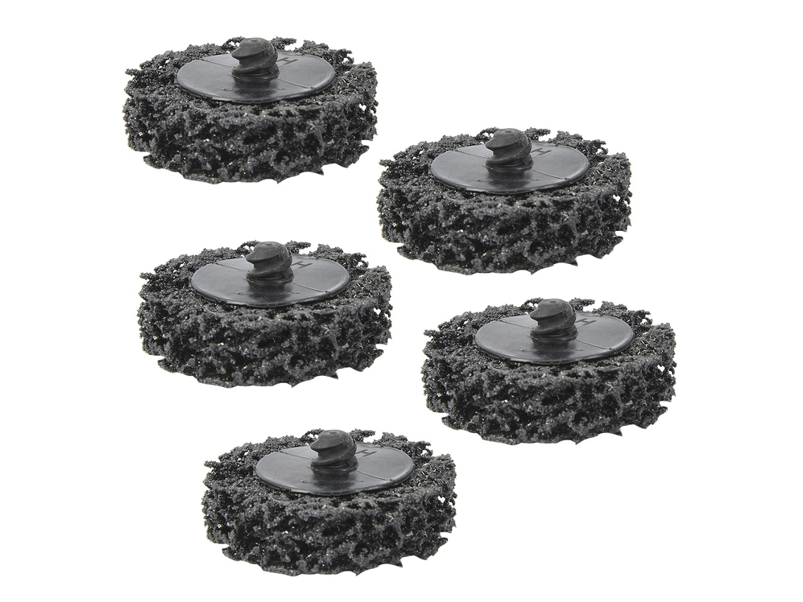 Conjunto de 5 discos de lavagem com trava de rolo de 50 mm e 2 polos para remoção de ferrugem e tinta (pretos)