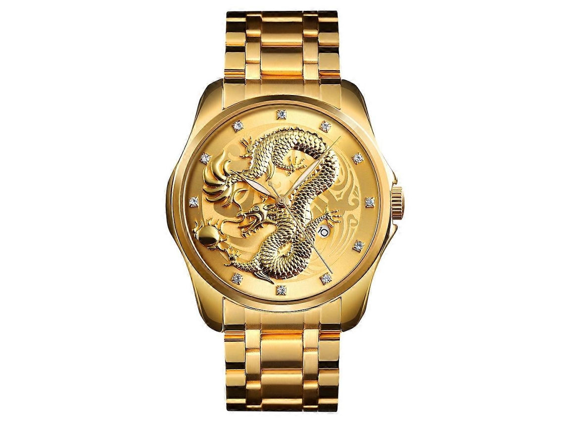 Relógio De Quartzo Skmei 9193 Masculino Com Padrão De Dragão Dourado, Calendário E Luminescência.