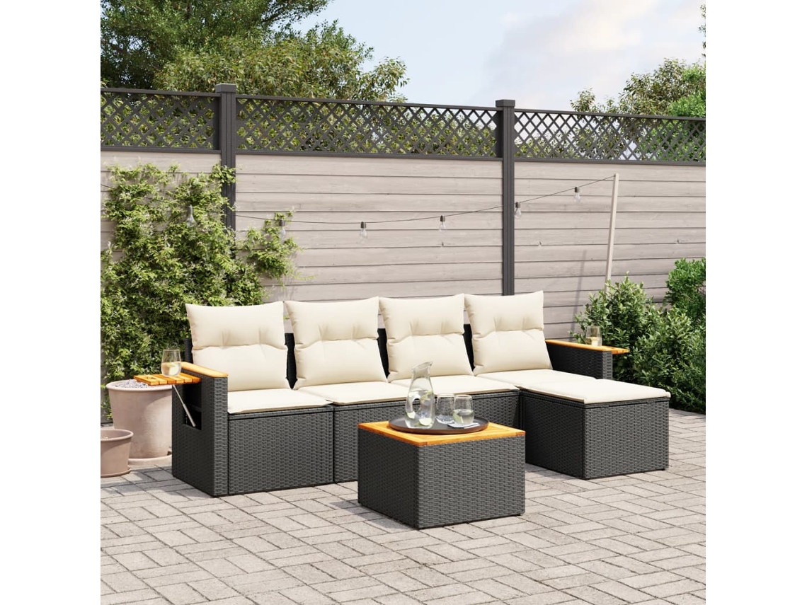 Jogo de Sofá Jardim 6 Peças C/ Almofadões Vime Pe Preto Dkd Home Decor