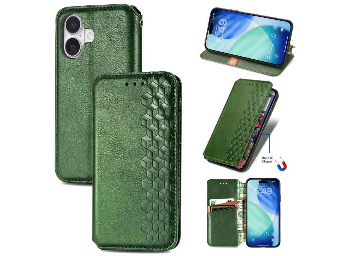 Capa De Couro Para Iphone 17 Com Design De Grade Cúbica E Fecho Magnético.