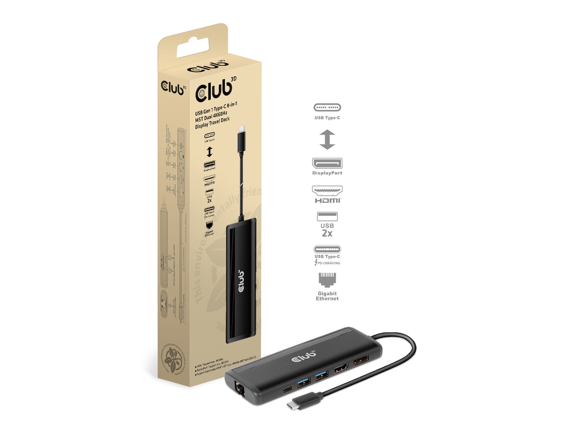 Estação De Acoplamento Club 3d Usb Tipo C 8 Em 1 Mst Dual 4k60hz Dual 4k60hz Preto