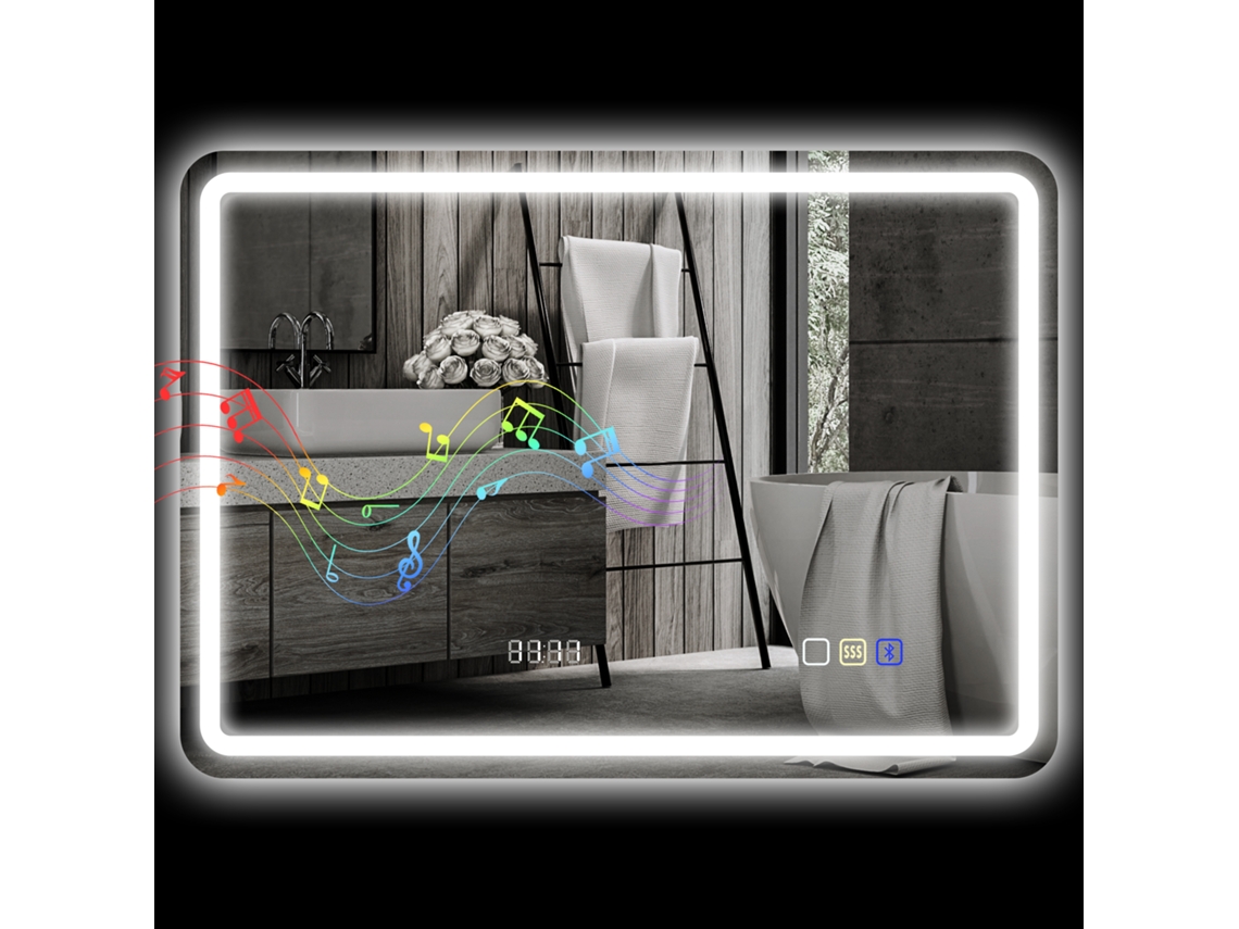 Espelho De Banheiro Com Luz Led 70x50 Cm Com Bluetooth, 3 Cores De Luz, Relógio Digital, Função Antiembaçante E Função De Memória.