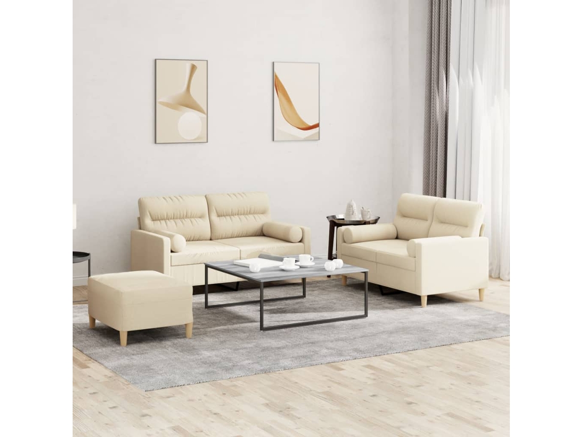 Vidaxl 3 Pcs Conjunto De Sofás Com Almofadas Tecido Cor Creme