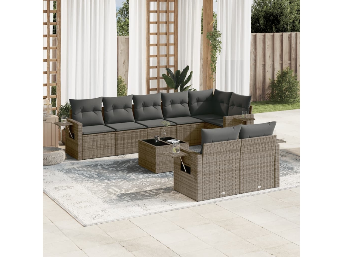 Vidaxl 9 Pcs Conjunto Sofás P/ Jardim Com Almofadões Vime Pe Cinzento